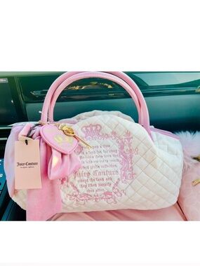 Juicy Couture Light Pink Quilted Tote with Heart and Key Charm with pink Bow